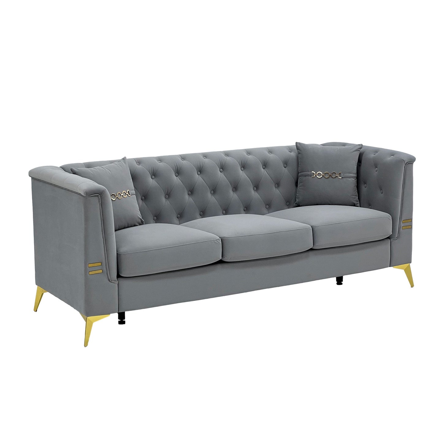 Mid-Century Velvet Sofa Set 2pc Tufted Gray Gold Legs