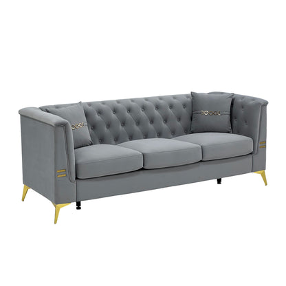 Mid-Century Velvet Sofa Set 2pc Tufted Gray Gold Legs