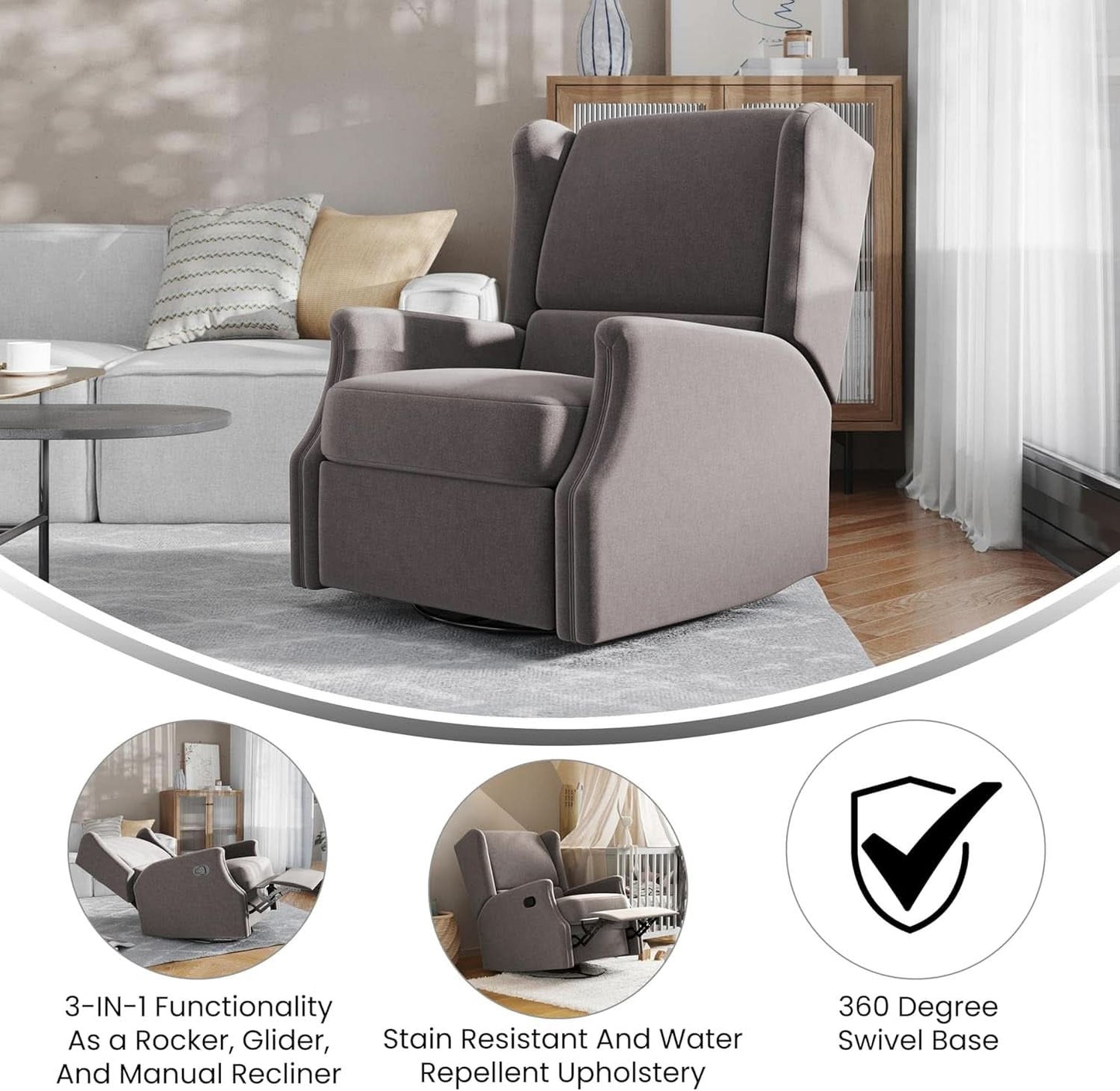Omma Wingback Swivel Glider Recliner Dark Gray Upholstered