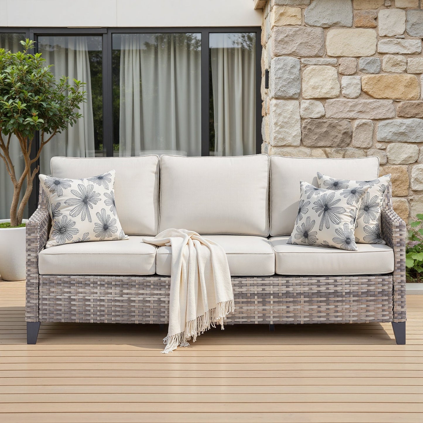 Outdoor PE Rattan Sofa Set 3 Seat Gray Beige Cushions