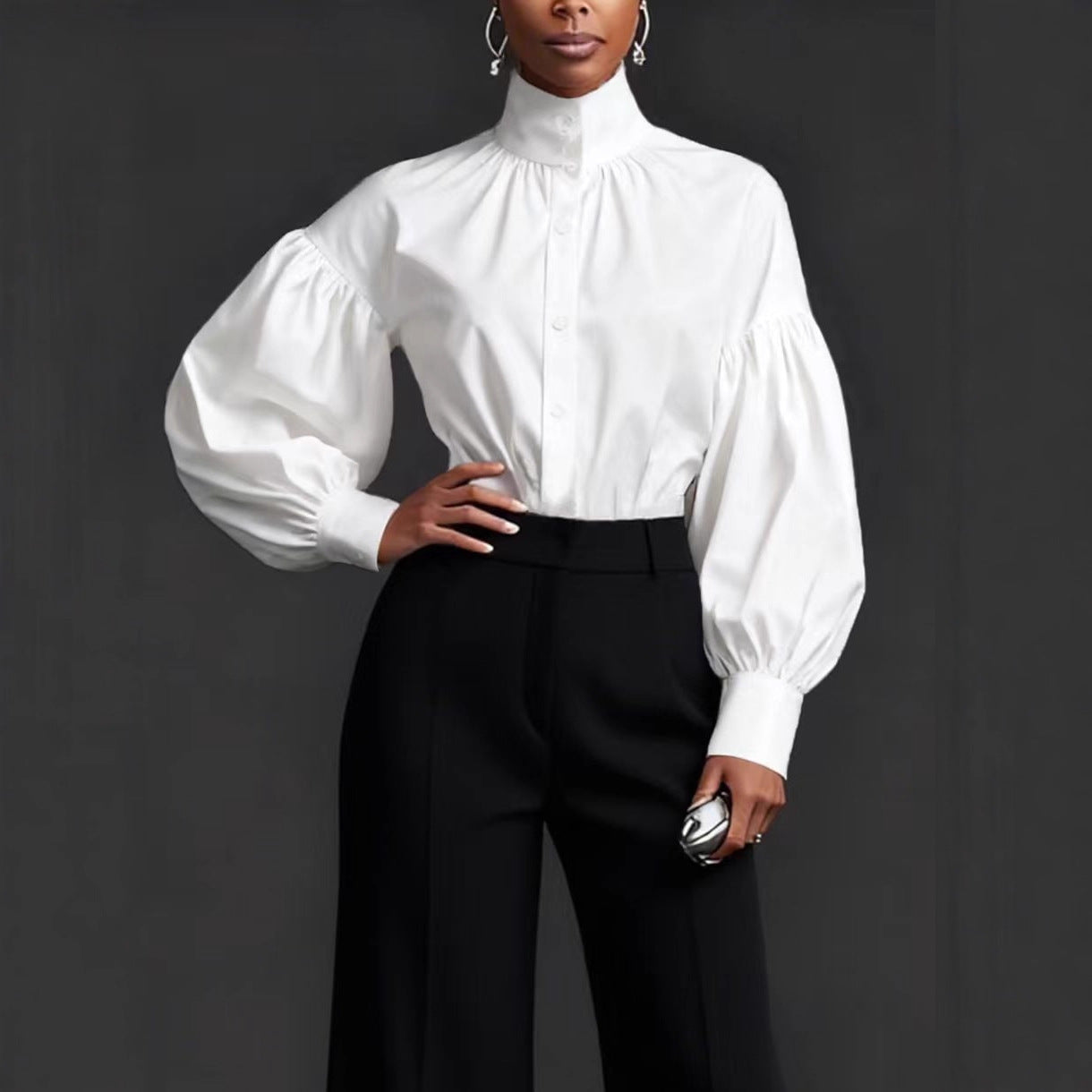 Stylish And Elegant Womens Pleated High-neck Blouse With Puffed Sleeves