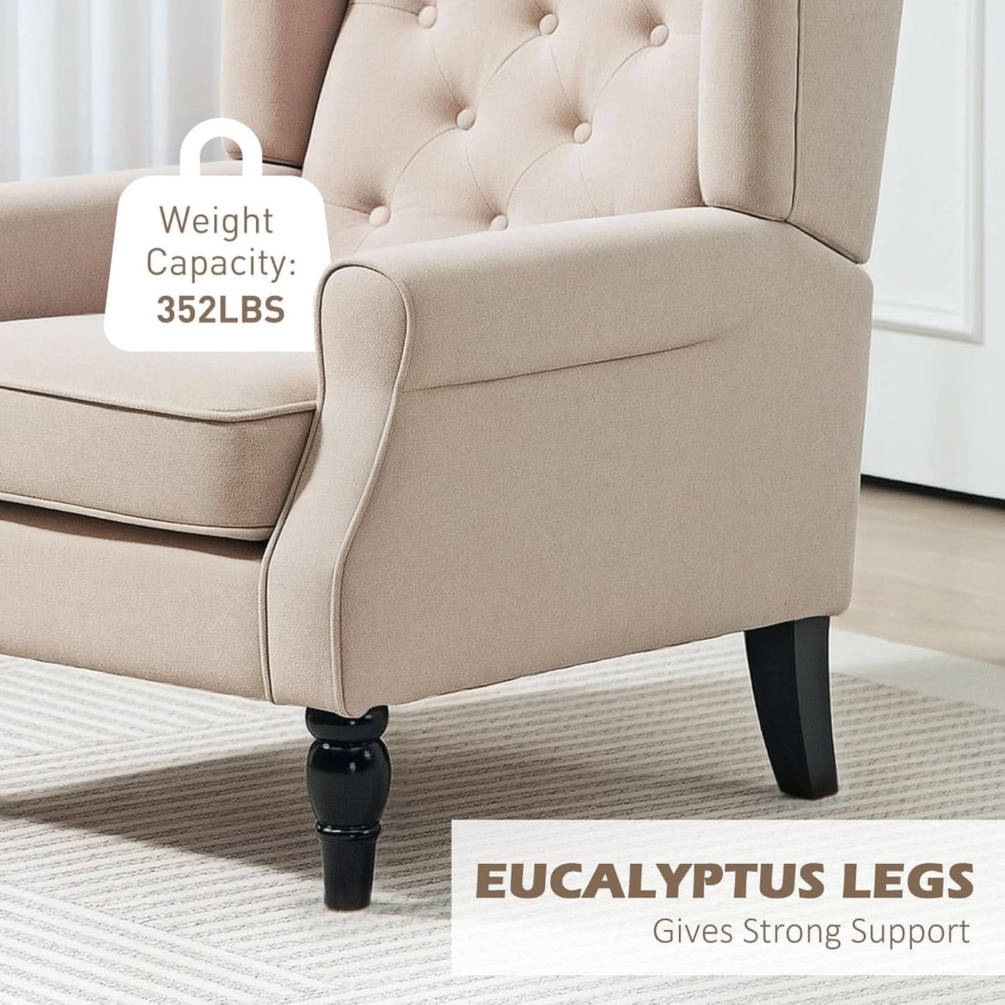 Beige Midcentury Button Tufted Wingback Upholstered Armchair