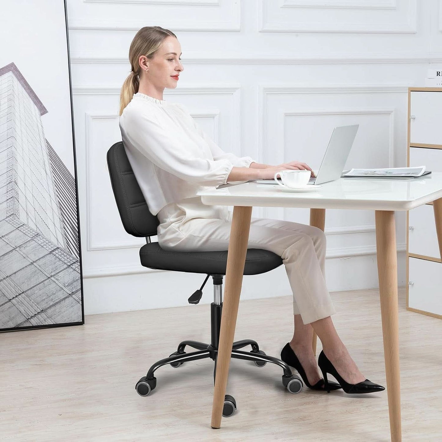 Armless Rolling Desk Chair Black Height Adjustable