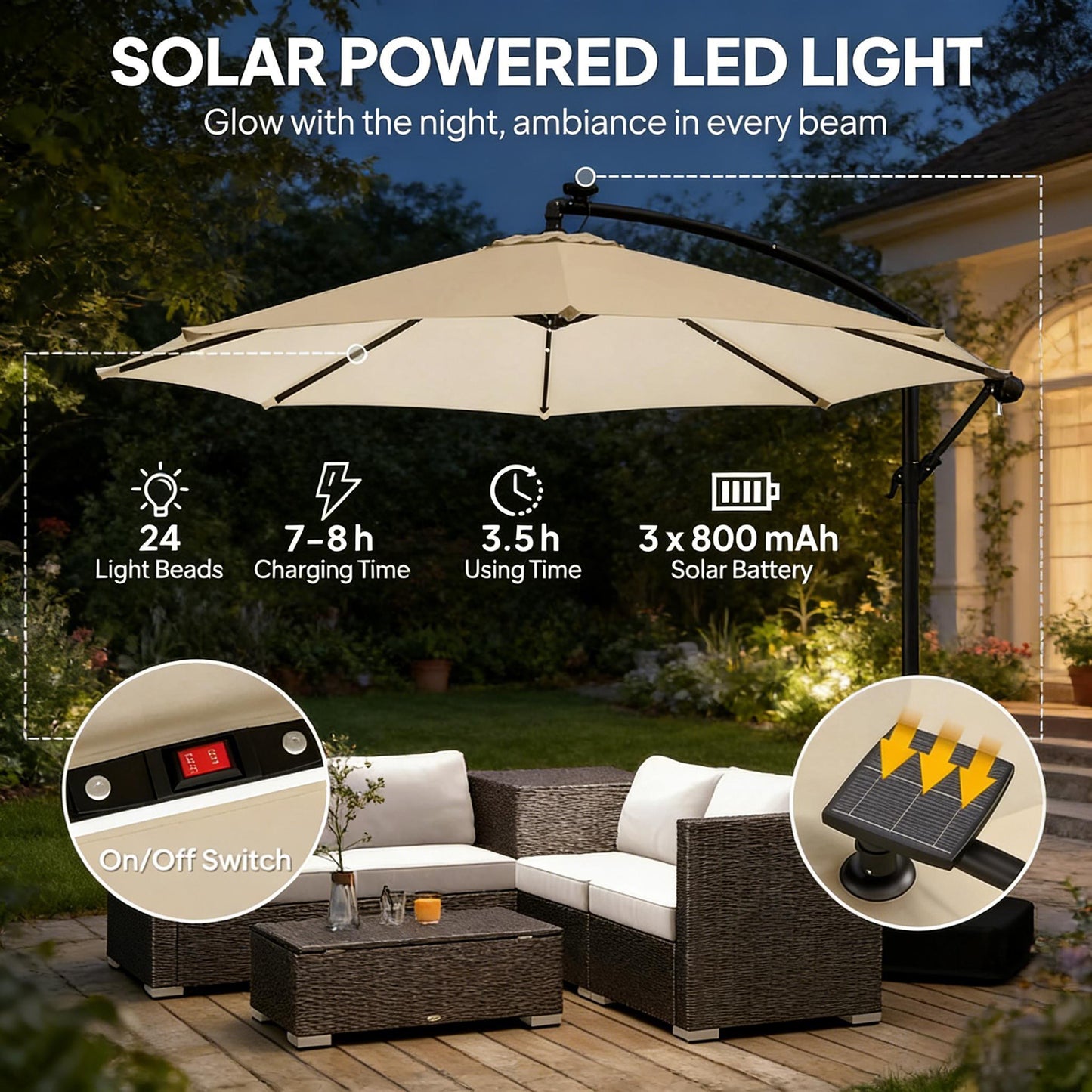 Cantilever Patio Umbrella 9.7ft Solar LED UPF 30