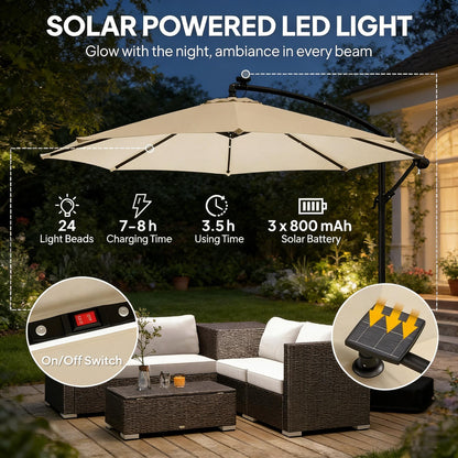 Cantilever Patio Umbrella 9.7ft Solar LED UPF 30