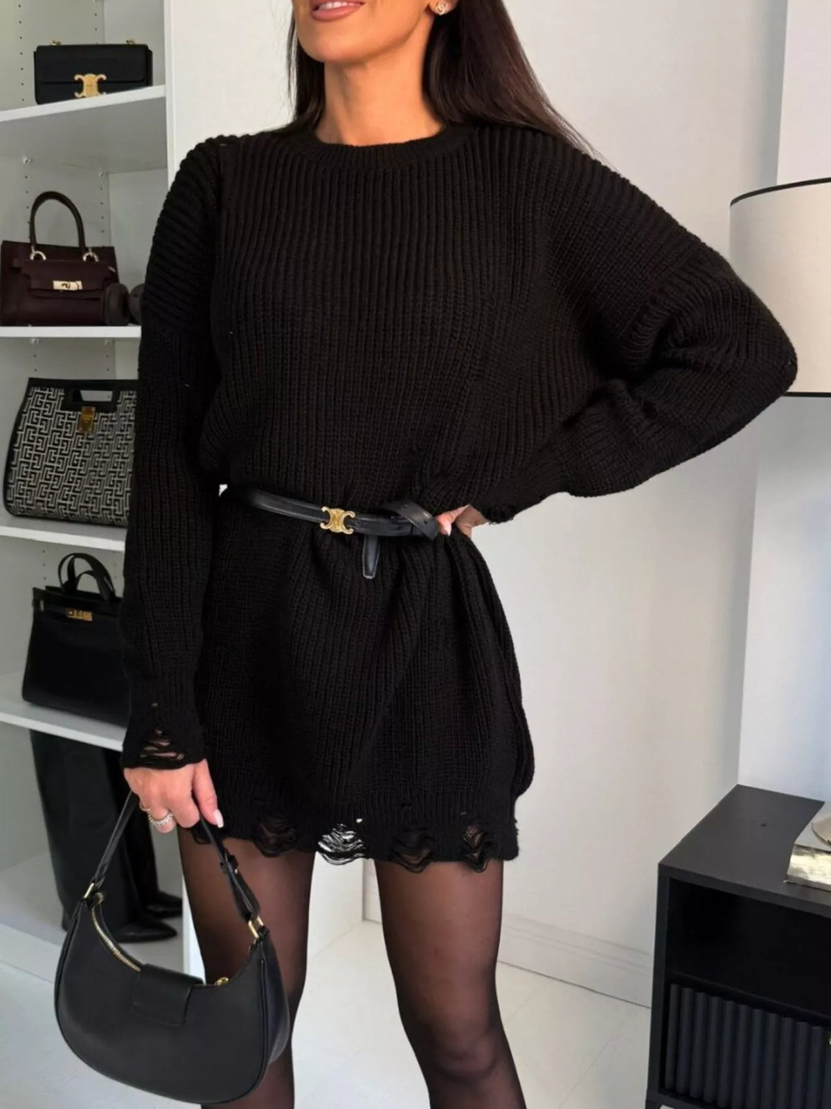 Distressed Round Neck Drop Shoulder Sweater Dress
