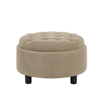 25 Inch Round Storage Ottoman with Wooden Top Side Table, Camel Fabric