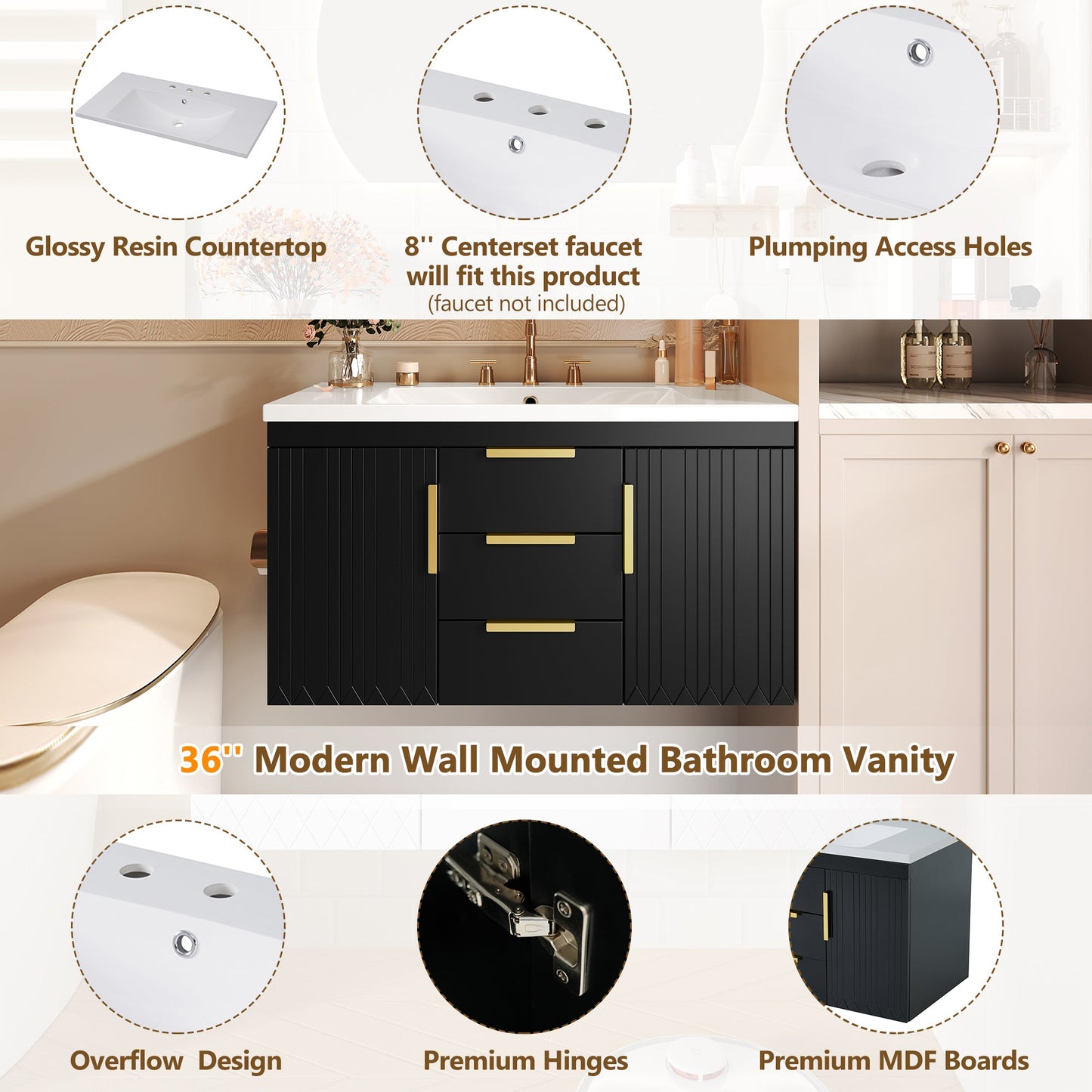 36'' Wall Mounted Bathroom Vanity with Resin Sink and 2 Drawers