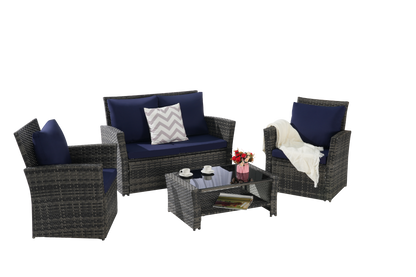 Outdoor Patio Set PE Rattan Steel Dark Blue 4 Piece Glass Seats 4