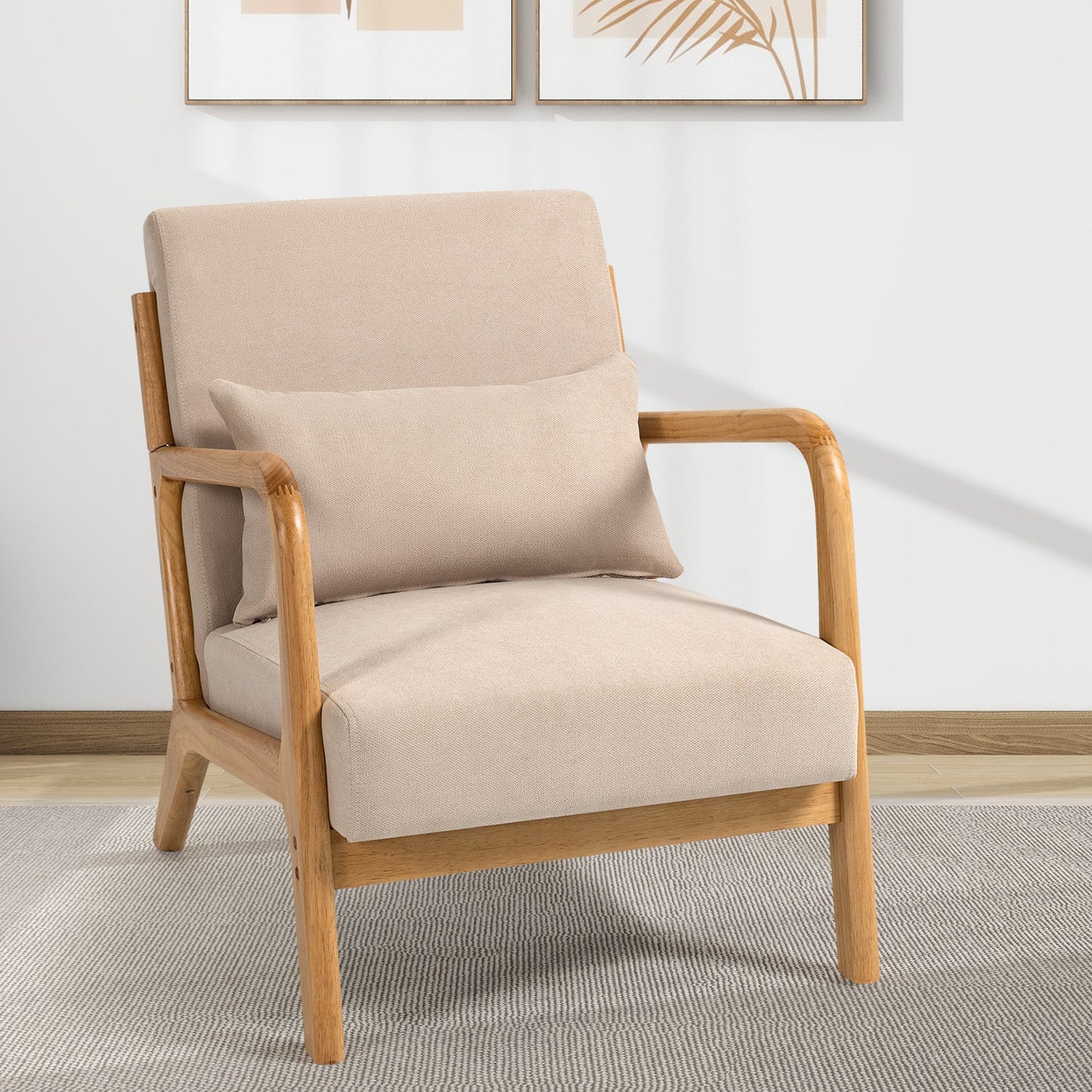 Accent Chair Mid-Century Linen Beige Solid Wood Arms and Legs 23x30x30 In