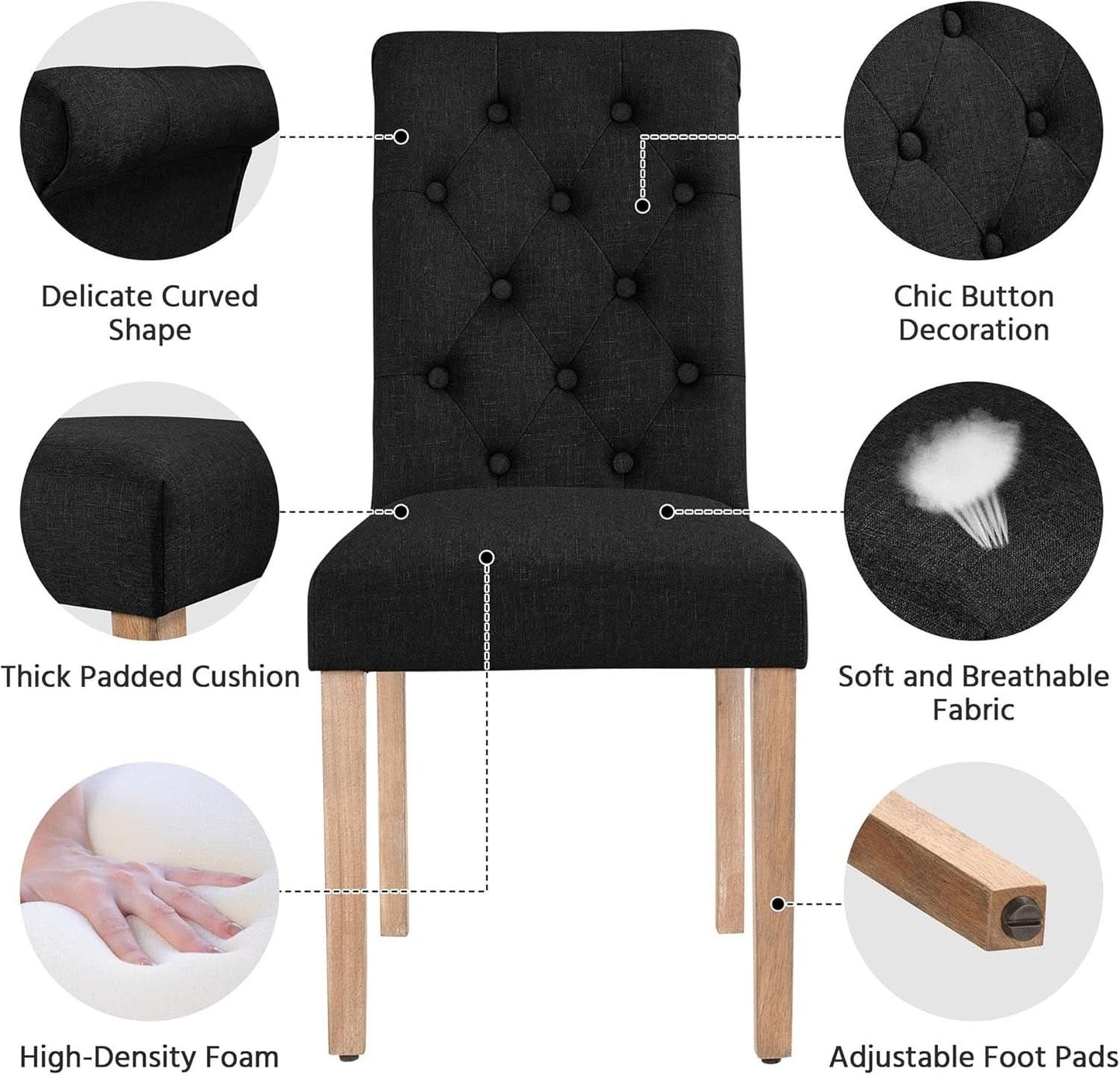 Tufted Upholstered Dining Chair Pair With Solid Wood Legs Black