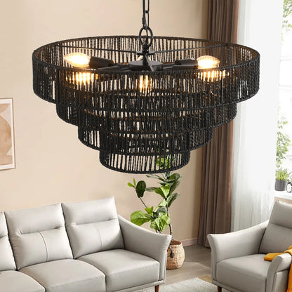 Chandelier 4-Tier Black Hemp Rope Pendant 6-Light Boho 20 In Dining