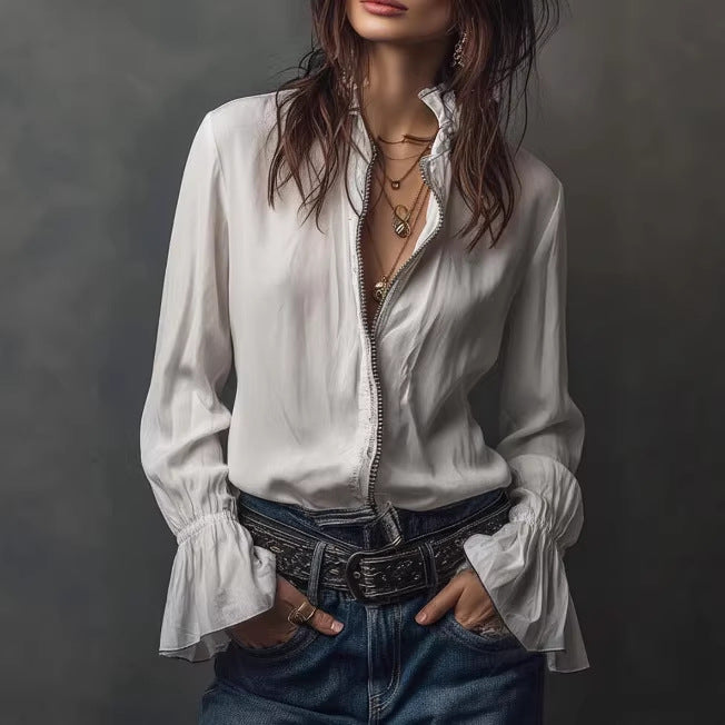 Womens Long-sleeve Zip-up Crew-neck Blouse