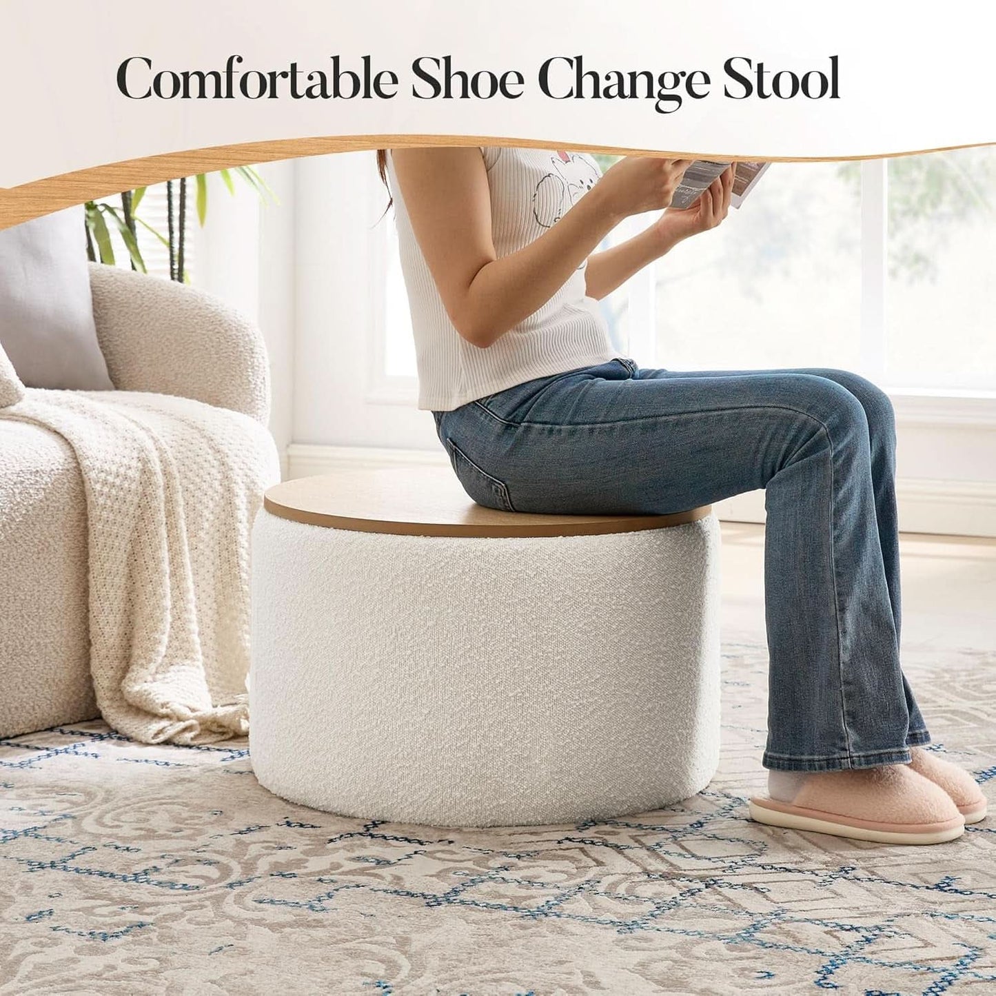 Circular Storage Ottoman With Wooden Lid Upholstered