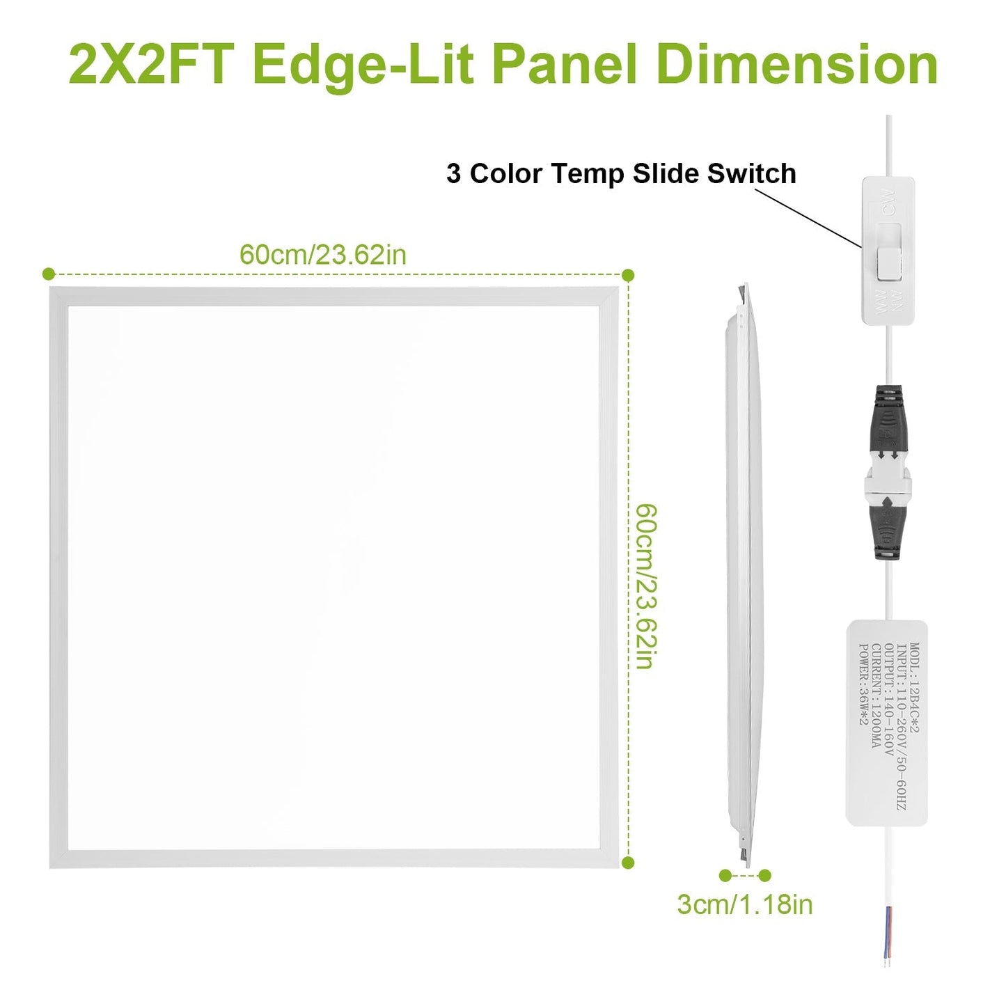 2Pcs 72W 2 2FT LED Panel Light 3800LM Flat Ceiling Light with 3 Lighting Color Temperature Equivalent LED Troffer Recessed Edge-Lit Switchable CCT 110