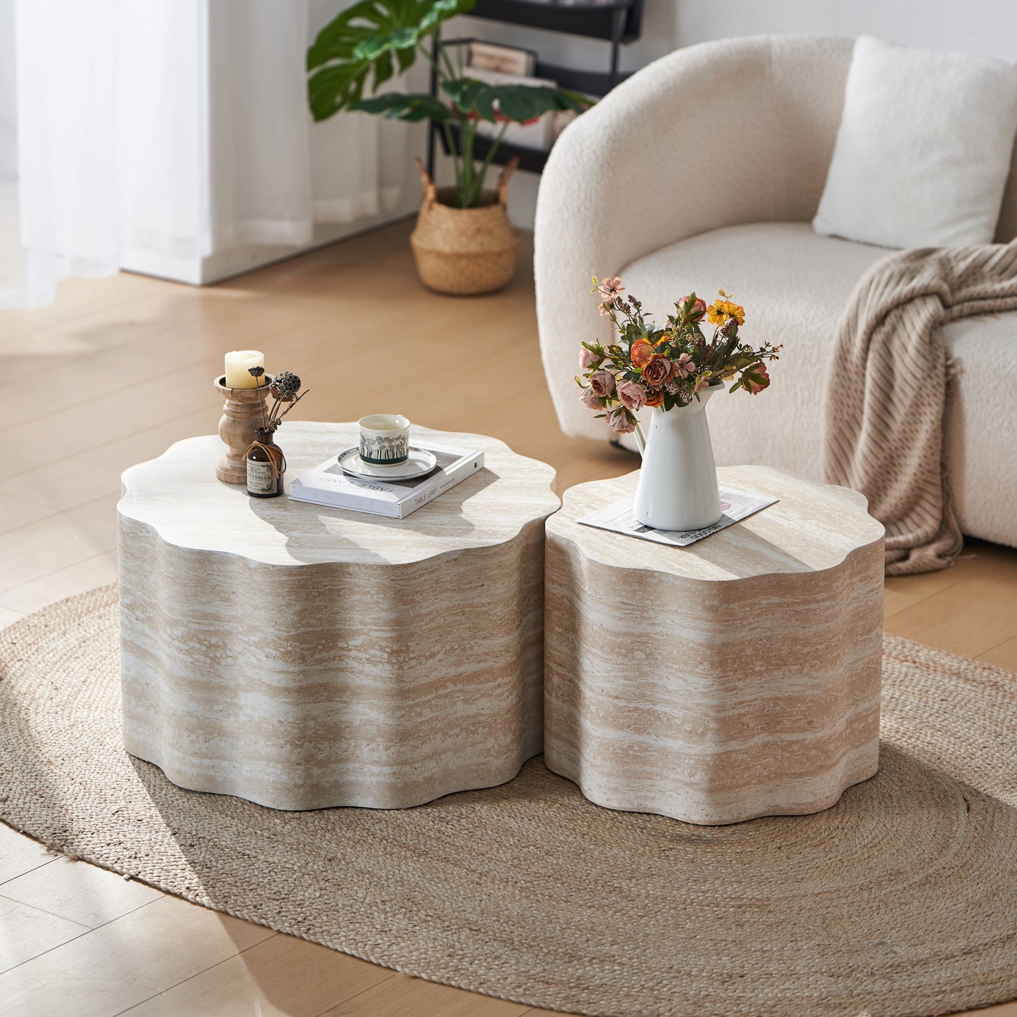 Set of 2 Round Coffee Side Tables, Faux Mars Pattern, Minimalist, Living Room