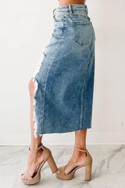 Distressed Asymmetrical Denim Skirt with Frayed Hem
