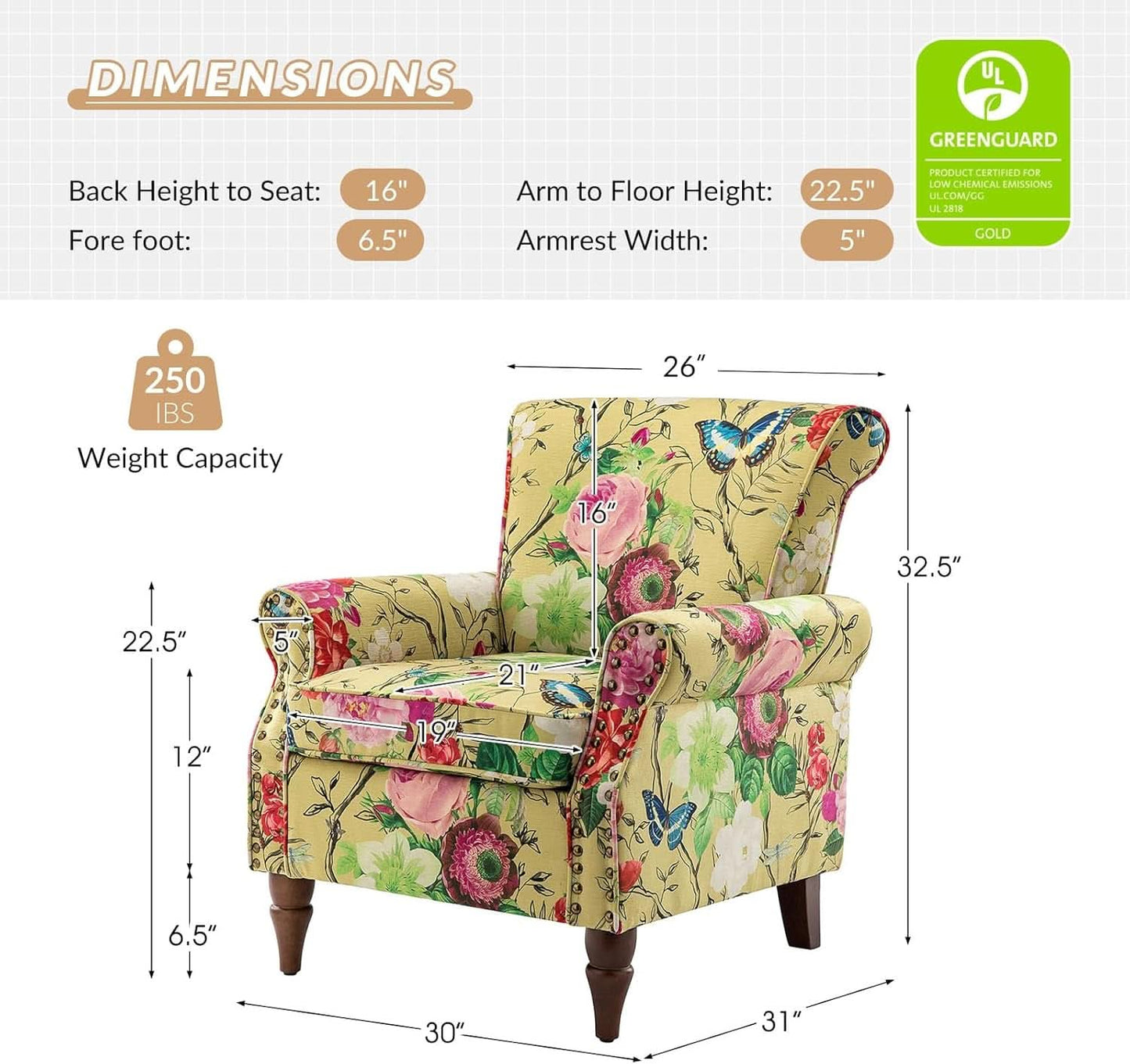 Mustard Floral Wingback Accent Chair With Solid Wood Legs