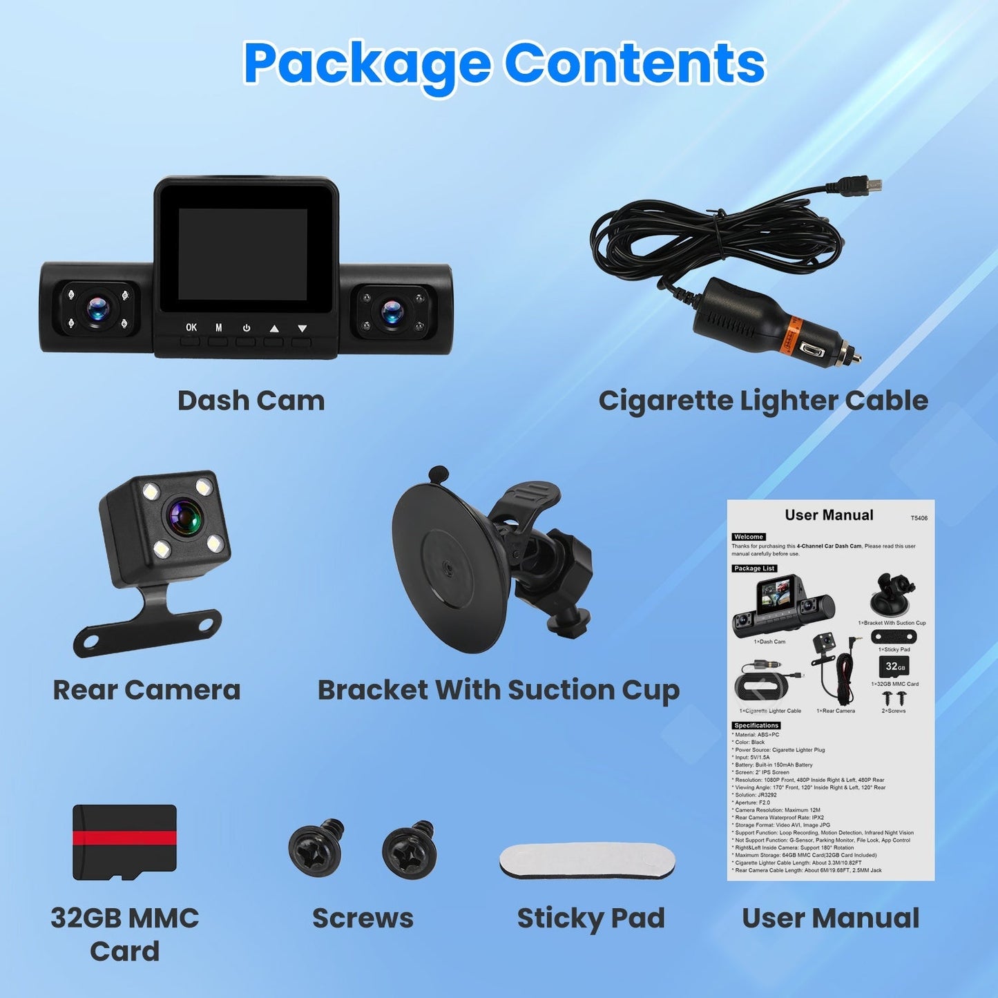 360° 4-Channel Dash Cam – 1080P, Night Vision, 32GB