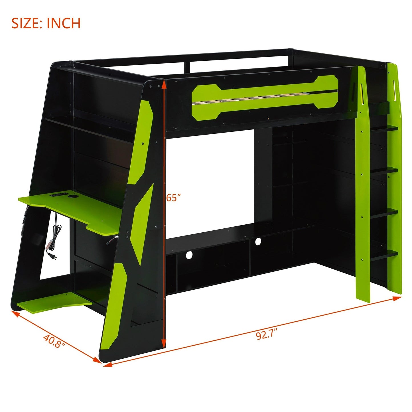 Twin Size Wood Loft Bed with Desk, Multi-storage Shelves and RGB Light, Green