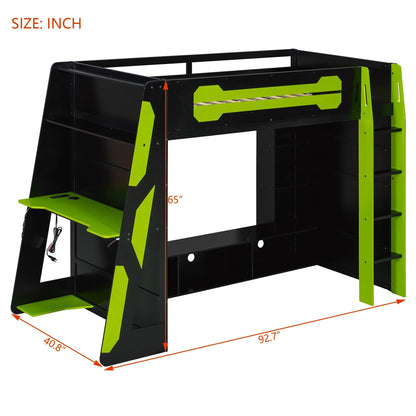 Twin Size Wood Loft Bed with Desk, Multi-storage Shelves and RGB Light, Green
