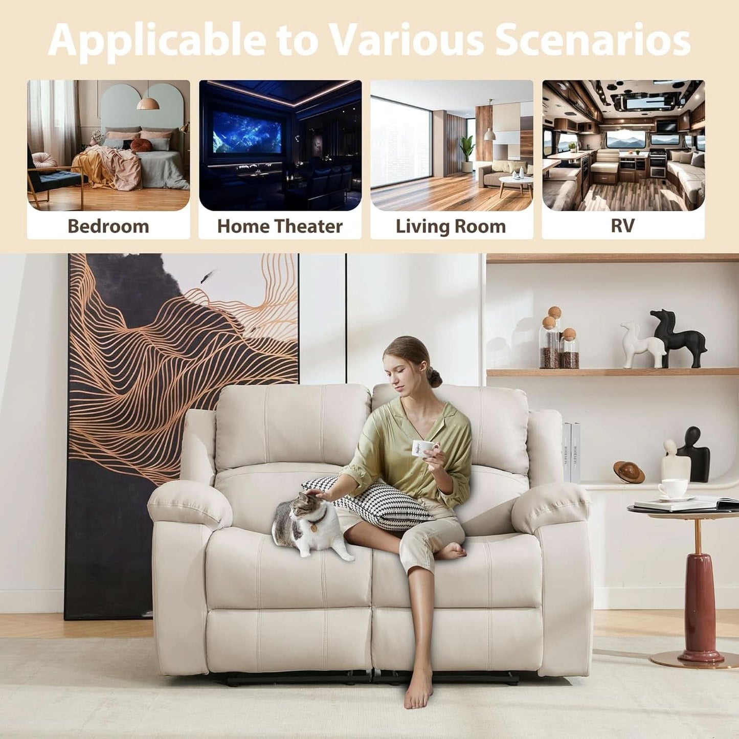 Manual Leather Loveseat Recliner Sofa With Pockets