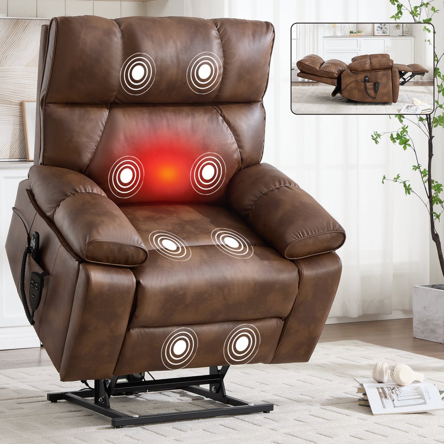 Lift Recliner Chair Power Faux Leather Brown Dual Motor Heat Massage 350 LB