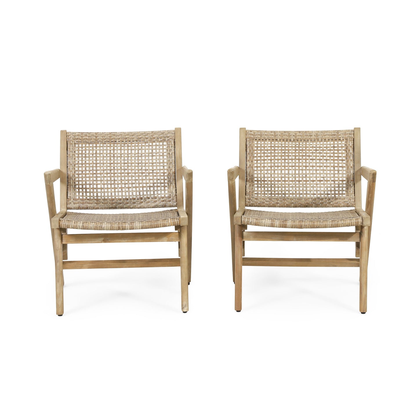 Club Chair Transitional Wicker Light Brown Acacia Frame Set of 2 24x27x28 In