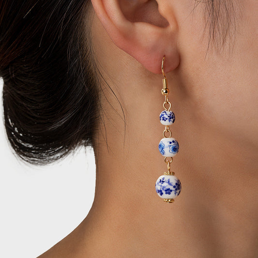 Blue and White Porcelain Bead Long Dangle Earrings