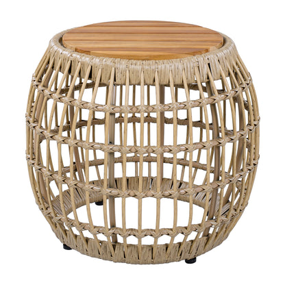 Outdoor Side Table Acacia Wood Wicker Base Round Light Brown 16in 150 LB
