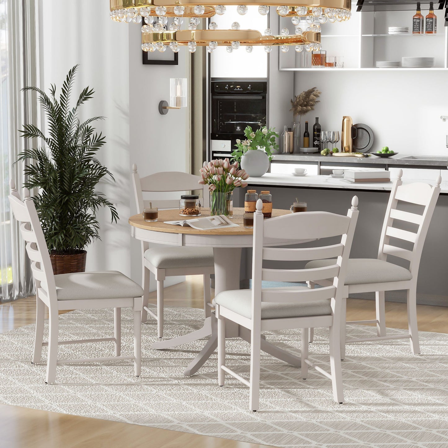 5-Piece Retro Functional Dining Table Set Wood Round Extendable Dining Table