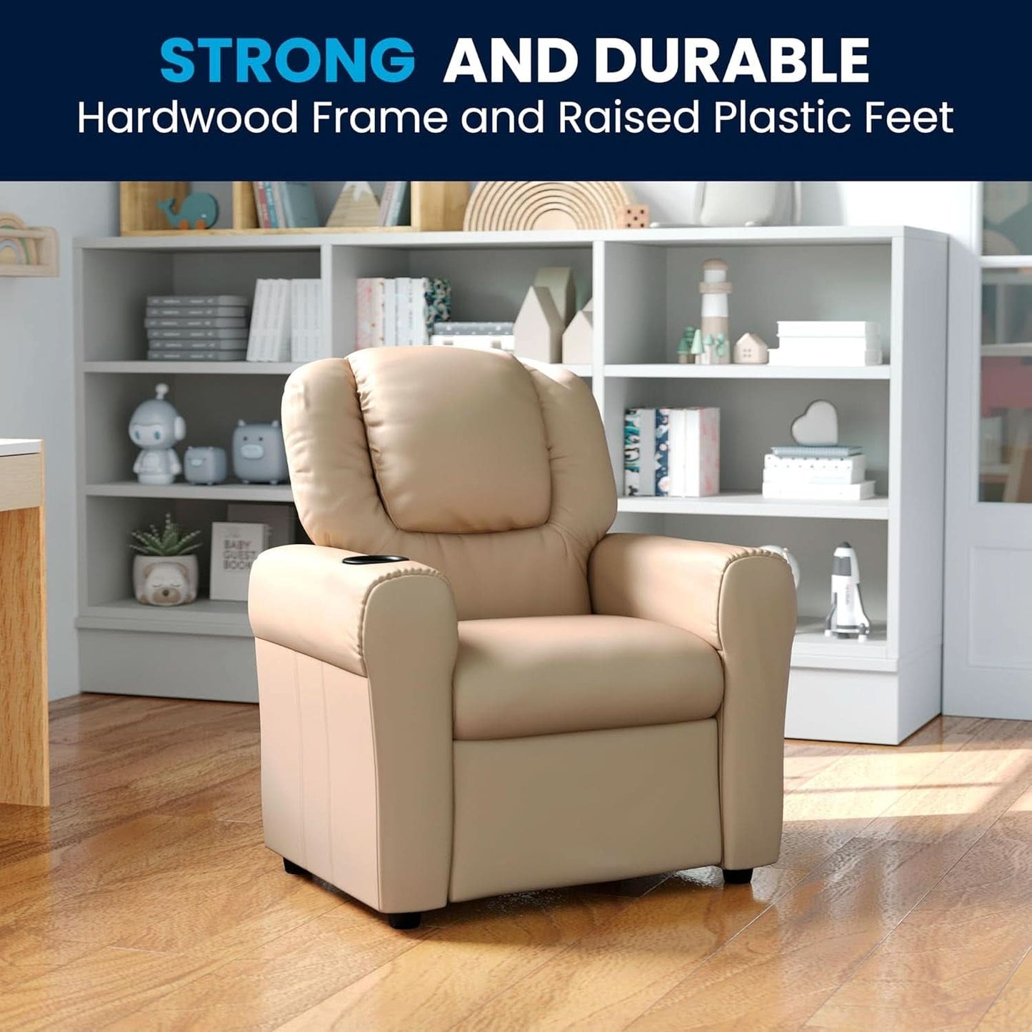 Beige Kids Recliner With Cup Holder For Cozy Seating