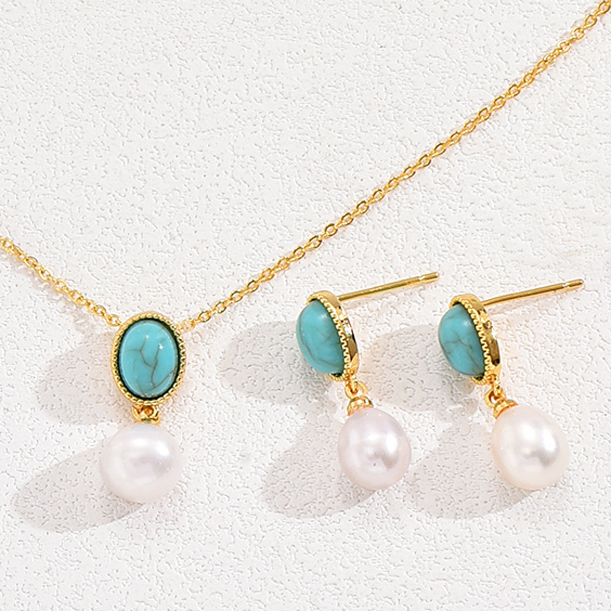 Minimal Literary Retro Jewelry Set, Niche Inlaid Pearl Stud Earrings, Versatile Necklace & Ring Matching Accessories For Women