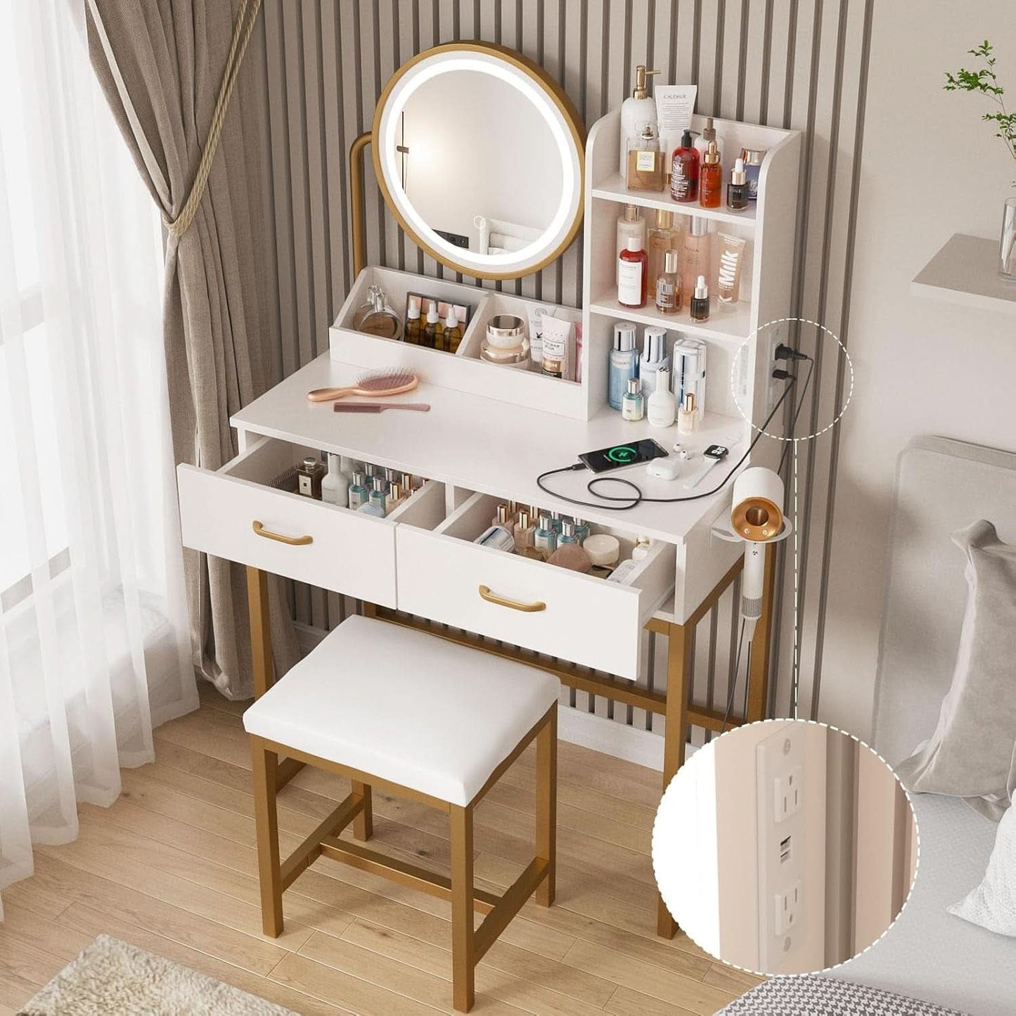 White Round LED Makeup Vanity Mirror With Charging Station 31.5 Inch