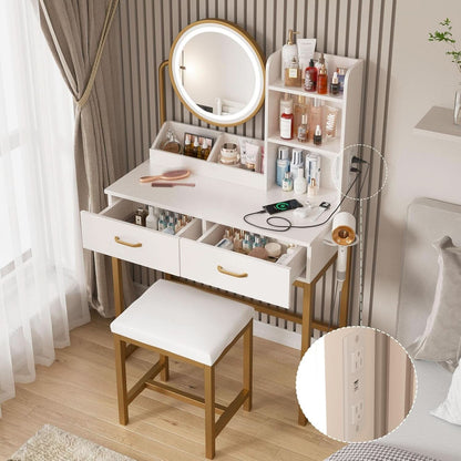 White Round LED Makeup Vanity Mirror With Charging Station 31.5 Inch