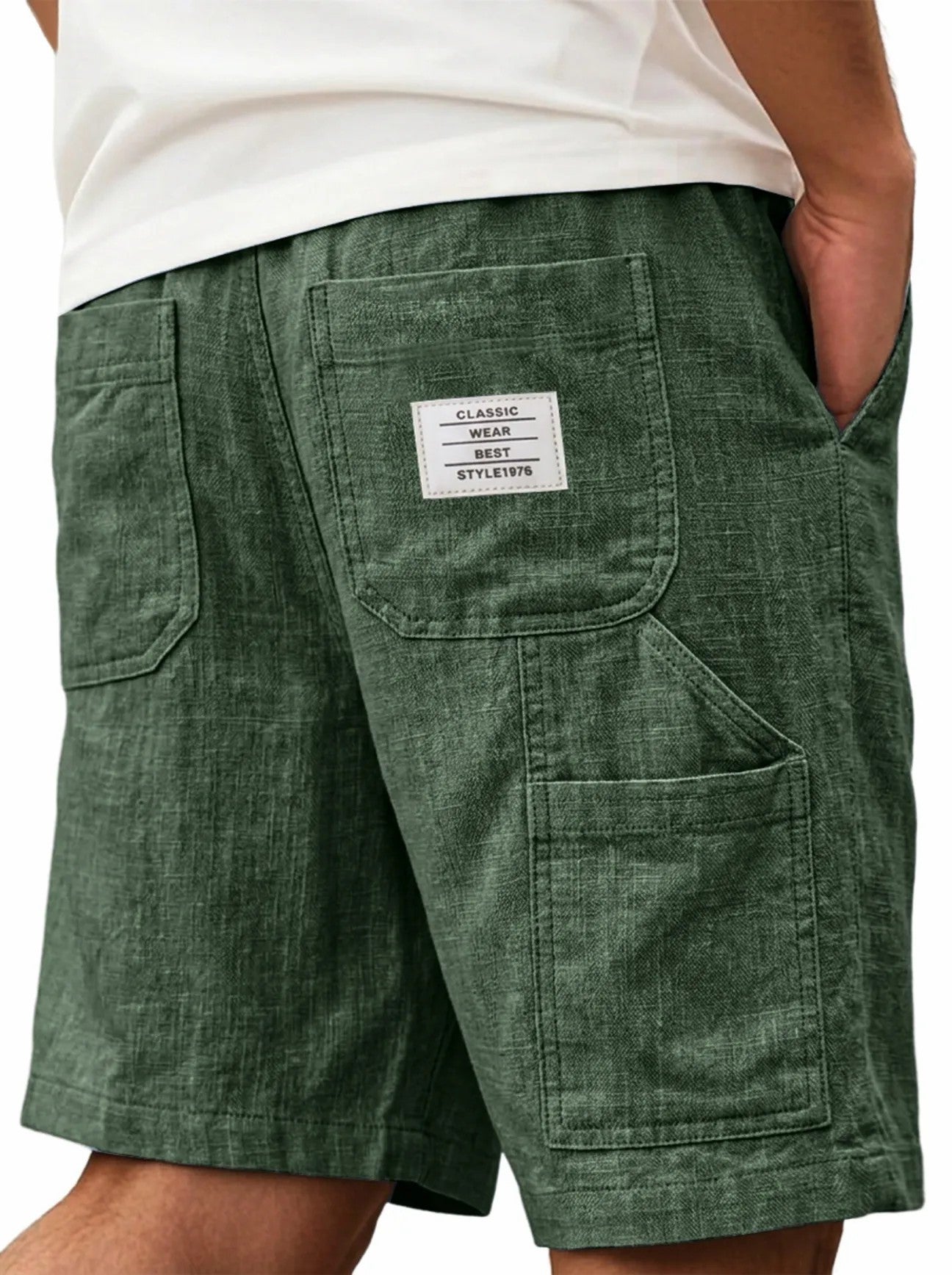 Mens Solid-Color Bamboo-Texture Linen Multi-Pocket Shorts