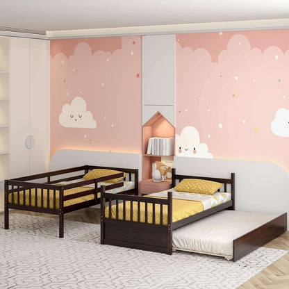 Twin Over Twin Bunk Bed With Trundle In Espresso Solid Wood