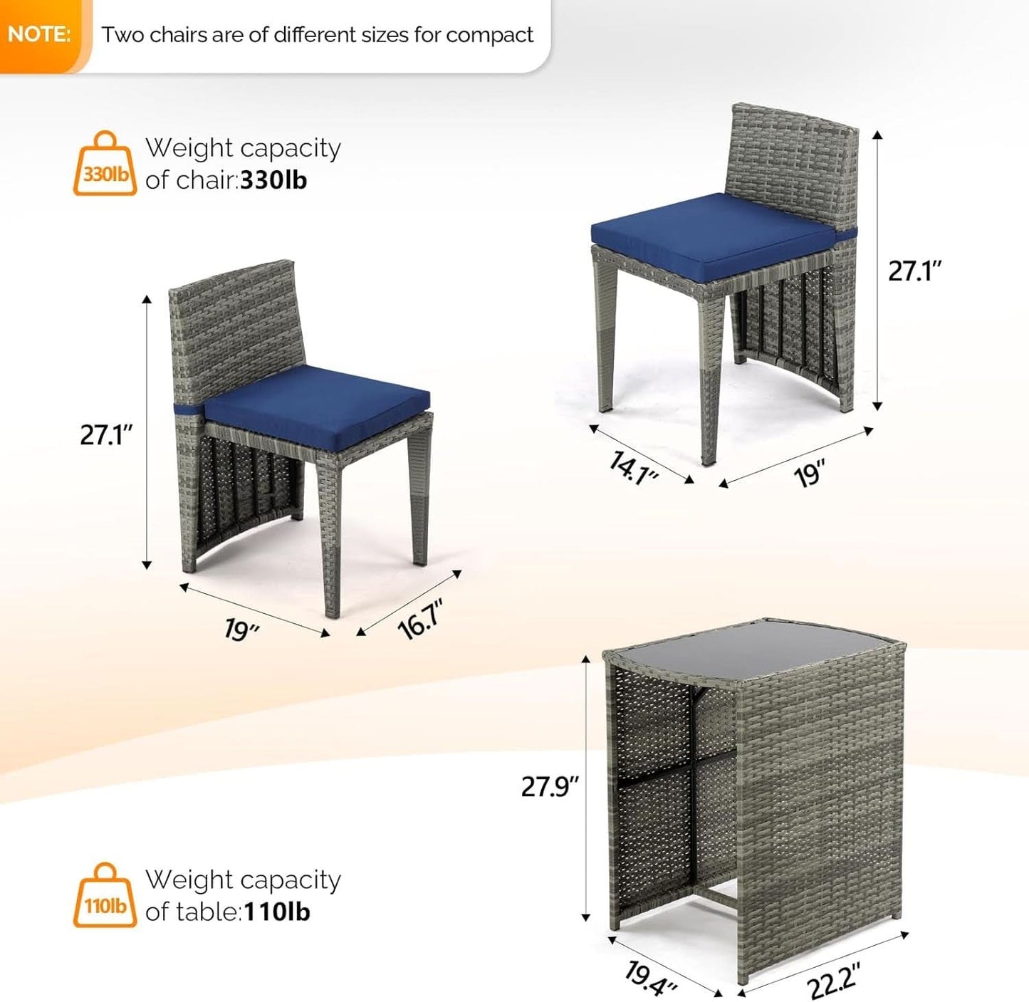 Grey Wicker Outdoor Patio Bistro Set With Glass Table