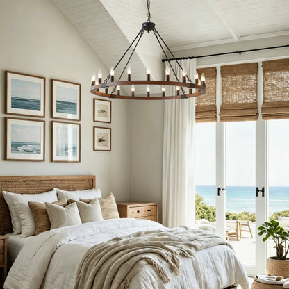 Chandelier Wood Wagon Wheel 20-Light Farmhouse Matte Black 39.3 In
