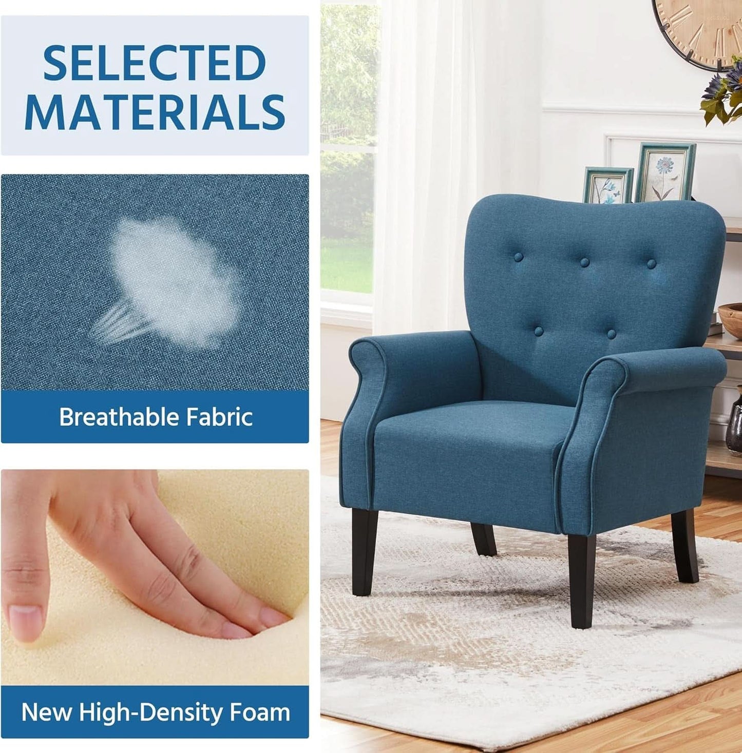Navy Blue Compact Midcentury Armchair Tufted Backrest