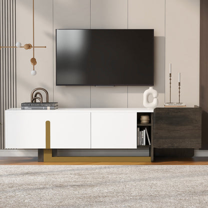 TV Stand Luxury White MDF Metal Legs Drawer 2-Cabinet Fits 70 In TV 66.7 In