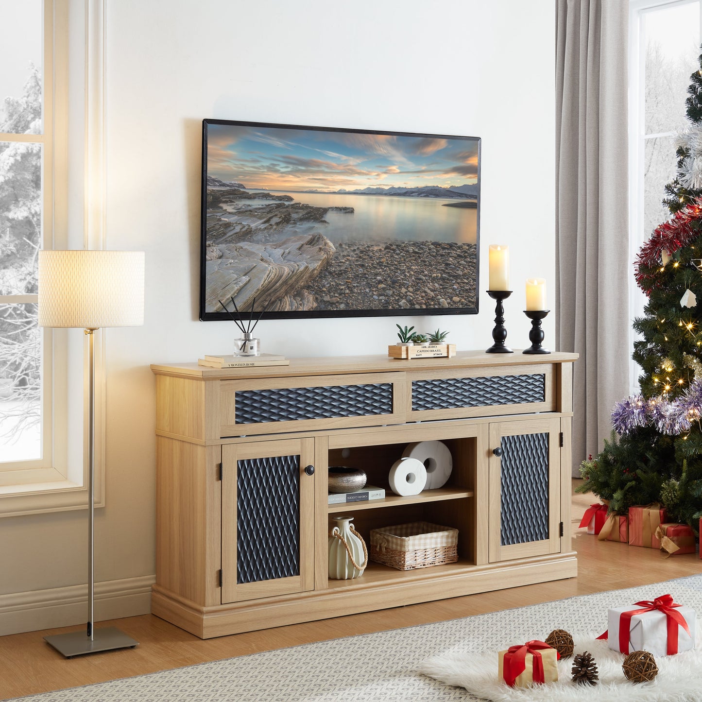 TV Stand Fireplace Light Oak MDF Embossed Doors 1400W Fits 65 In TV 58.27 In