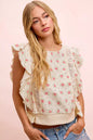 BiBi Flower Printed Ruffle Sleeve Trim Detail Top
