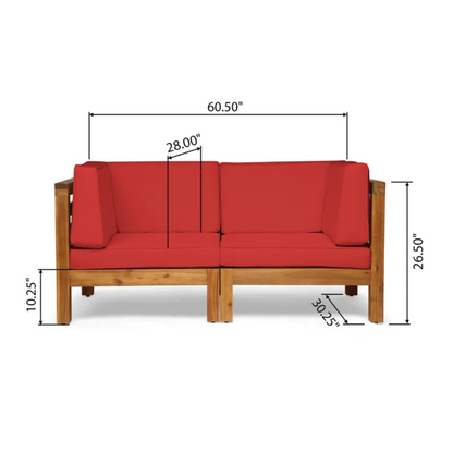 2-Piece Love Seat Set with Water-Resistant Cushions, Red, Acacia Wood Frame,