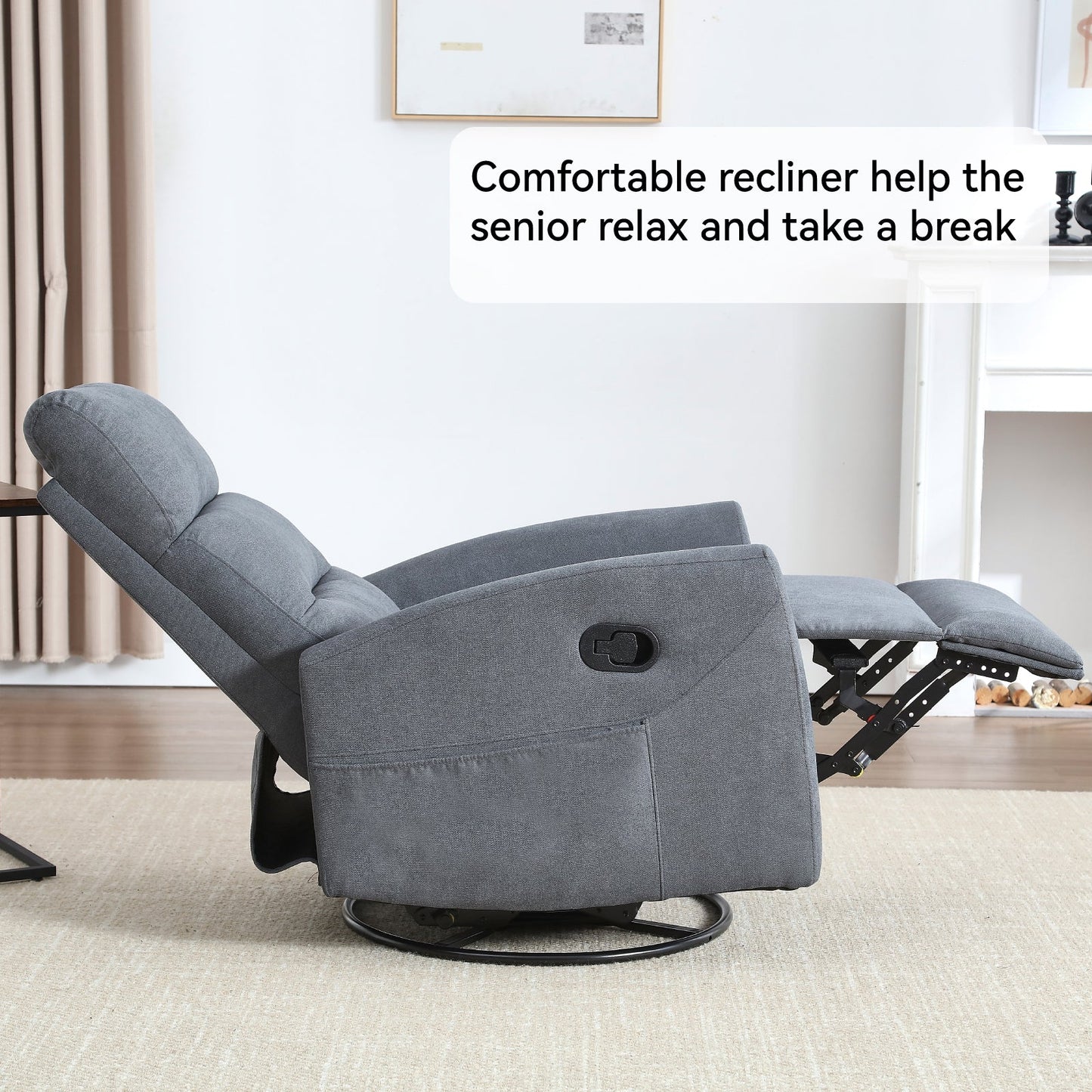 Manual Recliner Chair with Rocker and Swivel in Fabric for Living Room, Grey