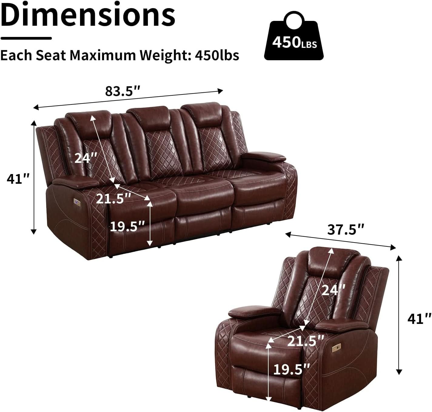 Power Reclining Brown Leather Sofa Set For Living Room