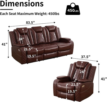 Power Reclining Brown Leather Sofa Set For Living Room