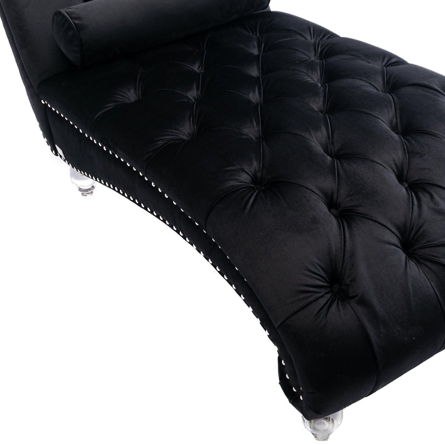 Velvet Chaise Lounge, Button-Tufted with Pillow, Black, 63.38x28.94x34.05 in