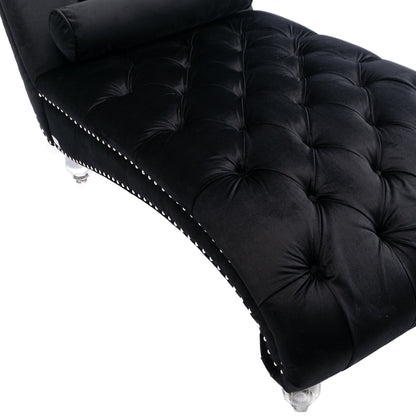 Velvet Chaise Lounge, Button-Tufted with Pillow, Black, 63.38x28.94x34.05 in
