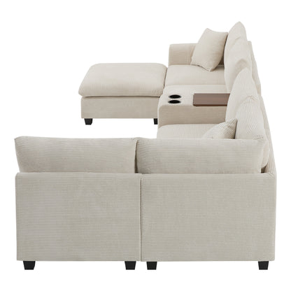 Sectional Sofa U-Shape Corduroy Beige 6 Seat Storage Ottoman USB 140 In